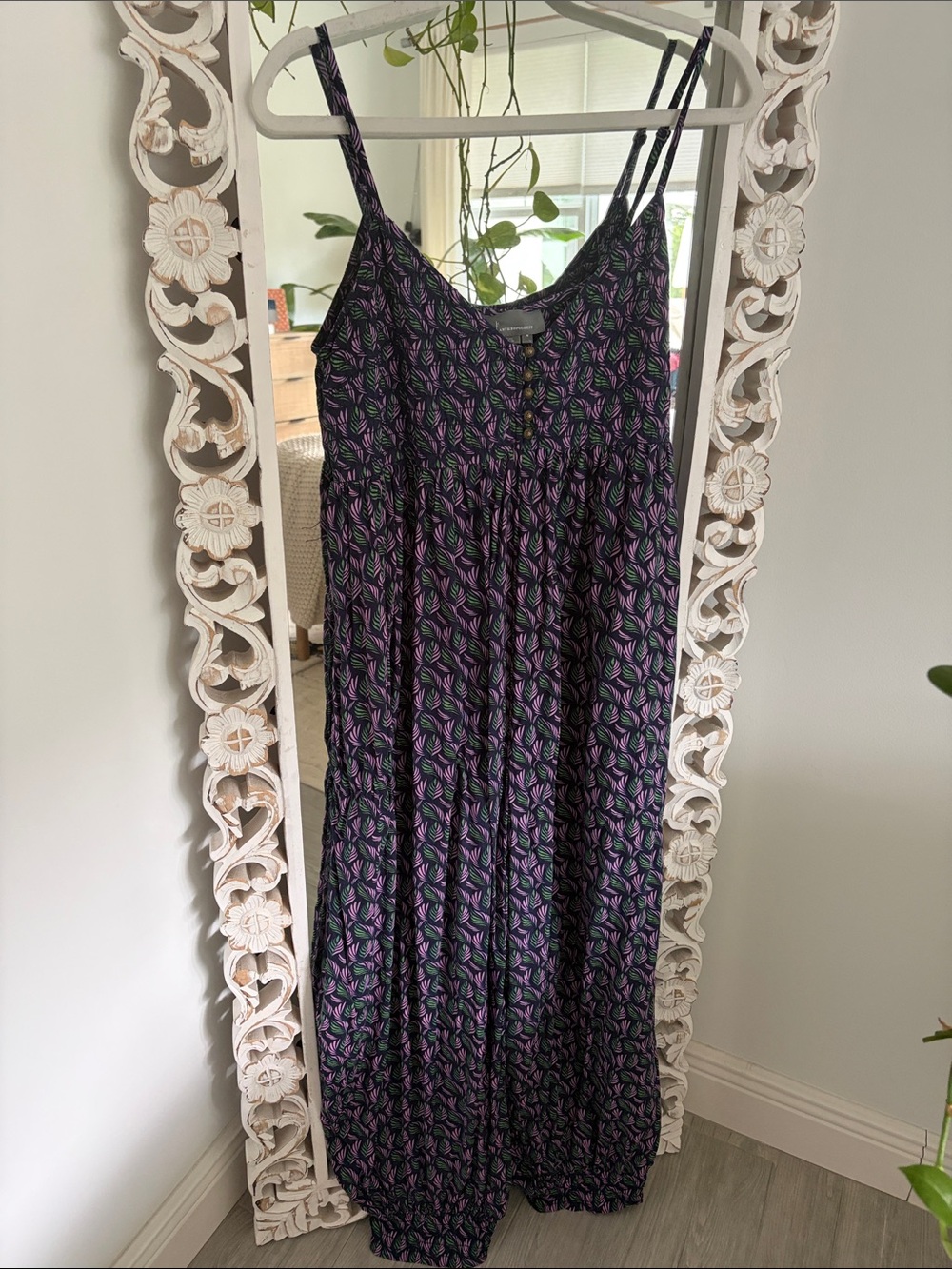 Anthropologie Purple and Black Floral-Leaf Jumpsuit